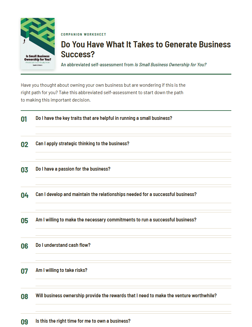 First page of the abbreviated self-assessment worksheet